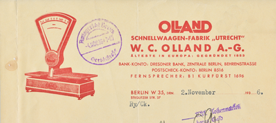 711832 Duitstalig briefhoofd van een brief van Olland Schnellwaagen-Fabrik “Utrecht”, W.C. Olland A.G.,[ Gasthuisstraat ...